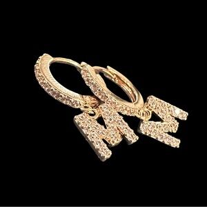 M Initial Huggie Earrings With Crystal Inlay In Rose Gold Tone